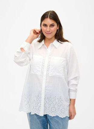 Viscose overhemd met broderie anglaise, Bright White, Model image number 0
