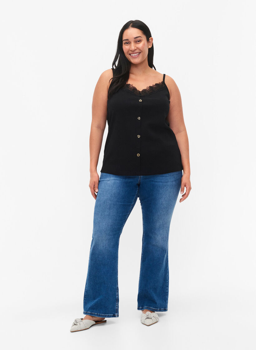 Top met bandjes, kanten rand en knopen, Black, Model image number 1