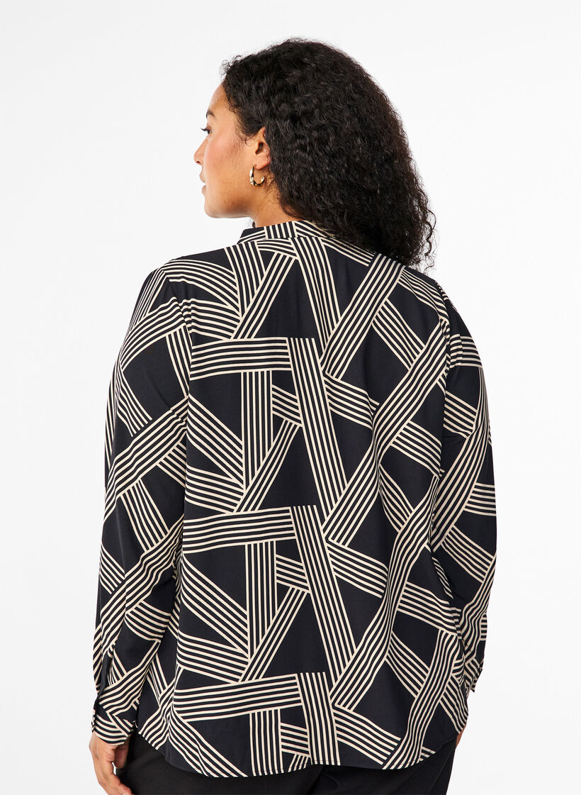 Blouse met lange mouwen en V-hals, BLACK BEIGE GRAPHIC, Model image number 1