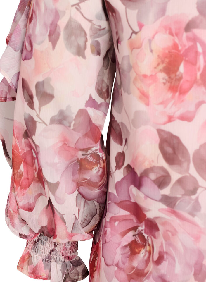 Blouse met bloemenprint, V-hals en ruches mouwen, Roze, Packshot