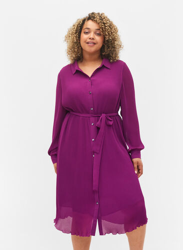 Robe chemise plissée avec ceinture à nouer, Grape Juice, Model image number 0