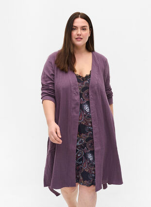 Robe de chambre en coton avec ceinture à nouer, Vintage Violet, Model image number 0