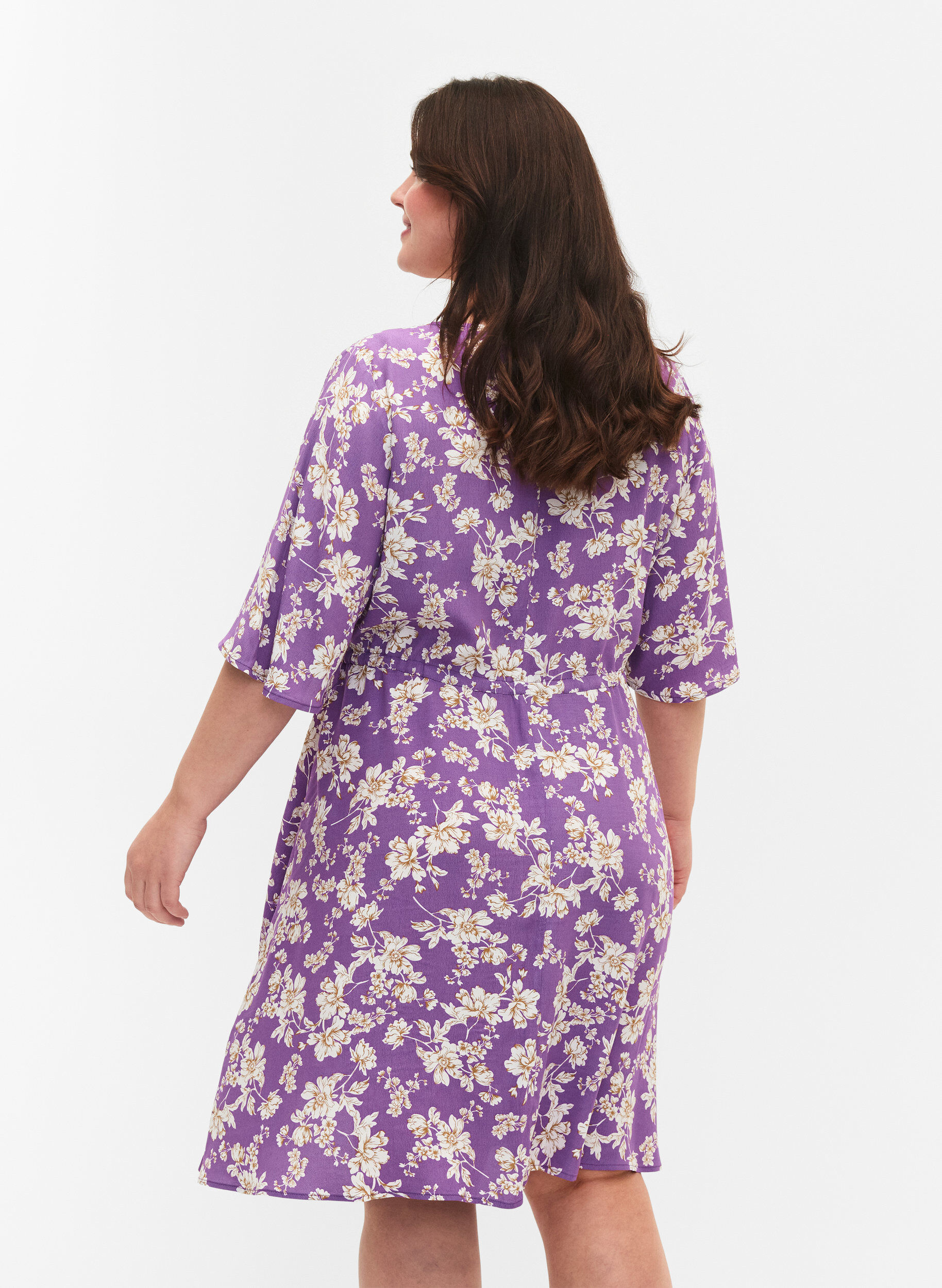 ZizziJurk met 1/2 mouw met bloemenprint in viscose, Purple Flower AOP, Model image number 1