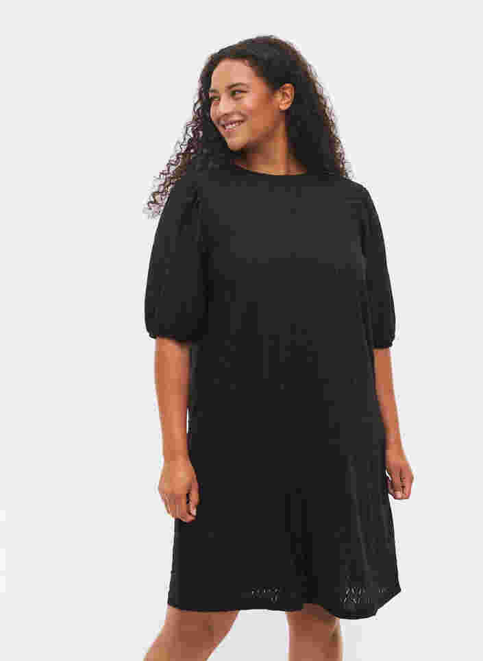 Robe à motif texturé et manches bouffantes, Black, Model image number 0