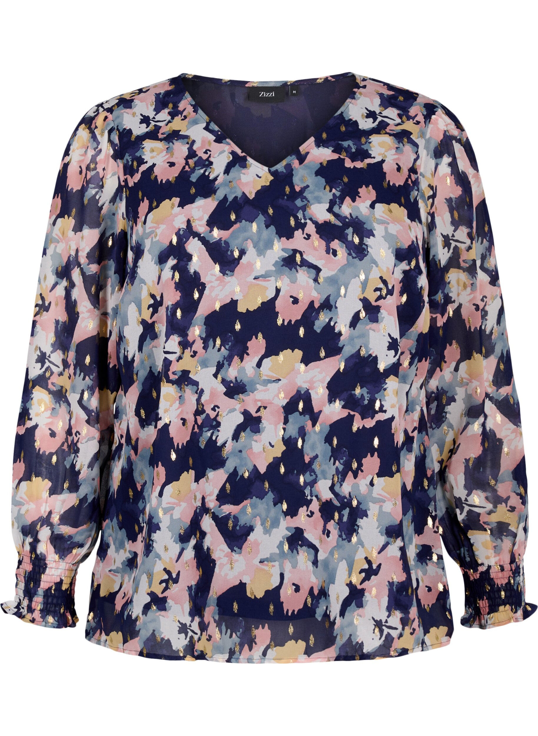ZizziGebloemde blouse met lange mouwen en V-hals, Night Sky AOP Flower, Packshot image number 0