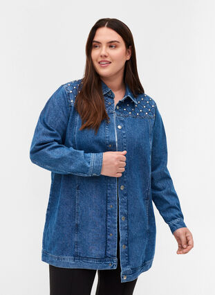 Veste en jean en coton avec rivets, Blue denim ASS, Model image number 0