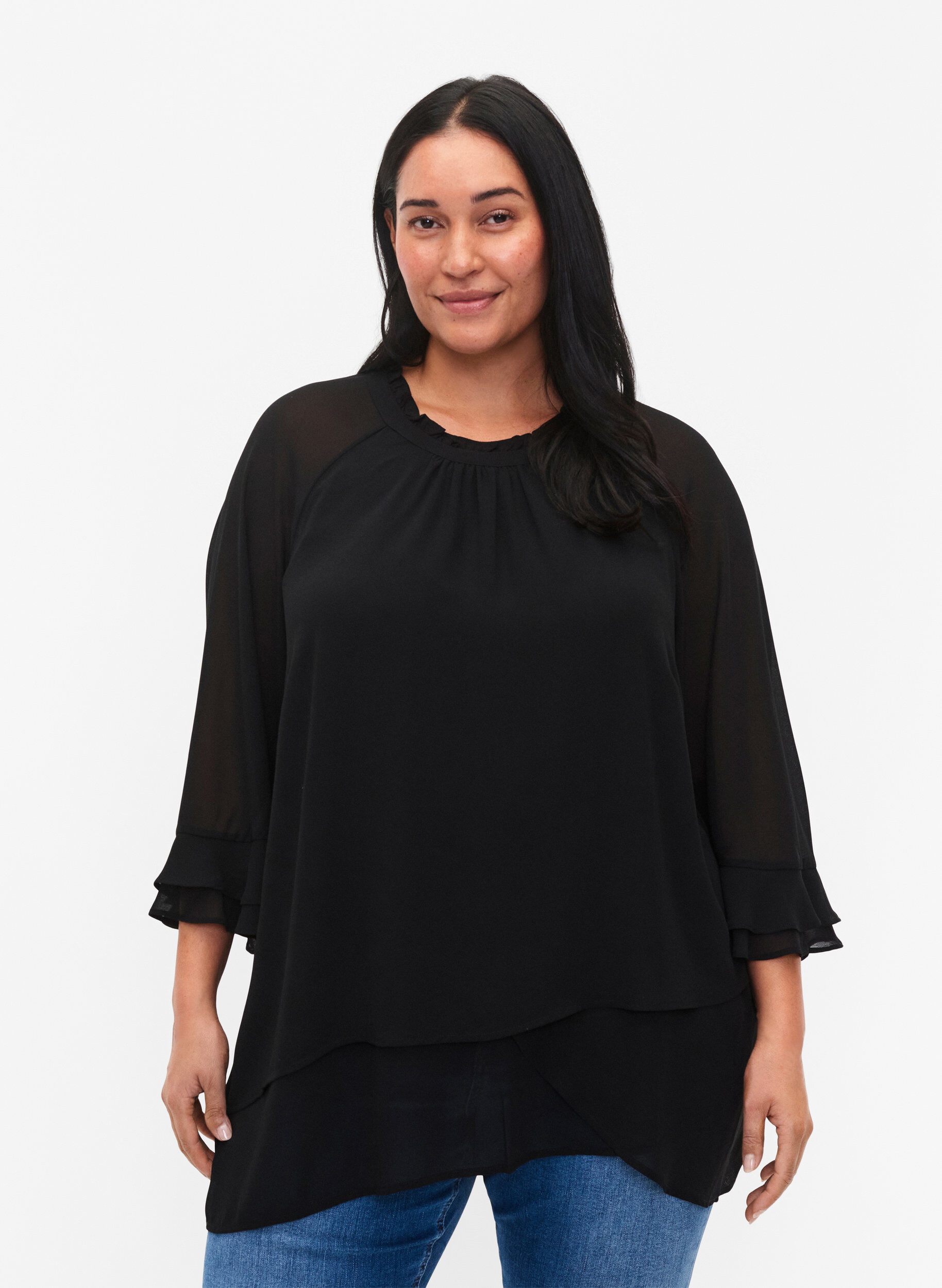 Zizzi Blouse &agrave; fond asym&eacute;trique et manches 3/4, Black, Model image number 0