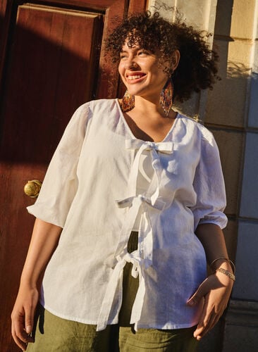 Katoenen blouse met 3/4 mouwen in een katoenmix met linnen, Bright White, Image image number 0