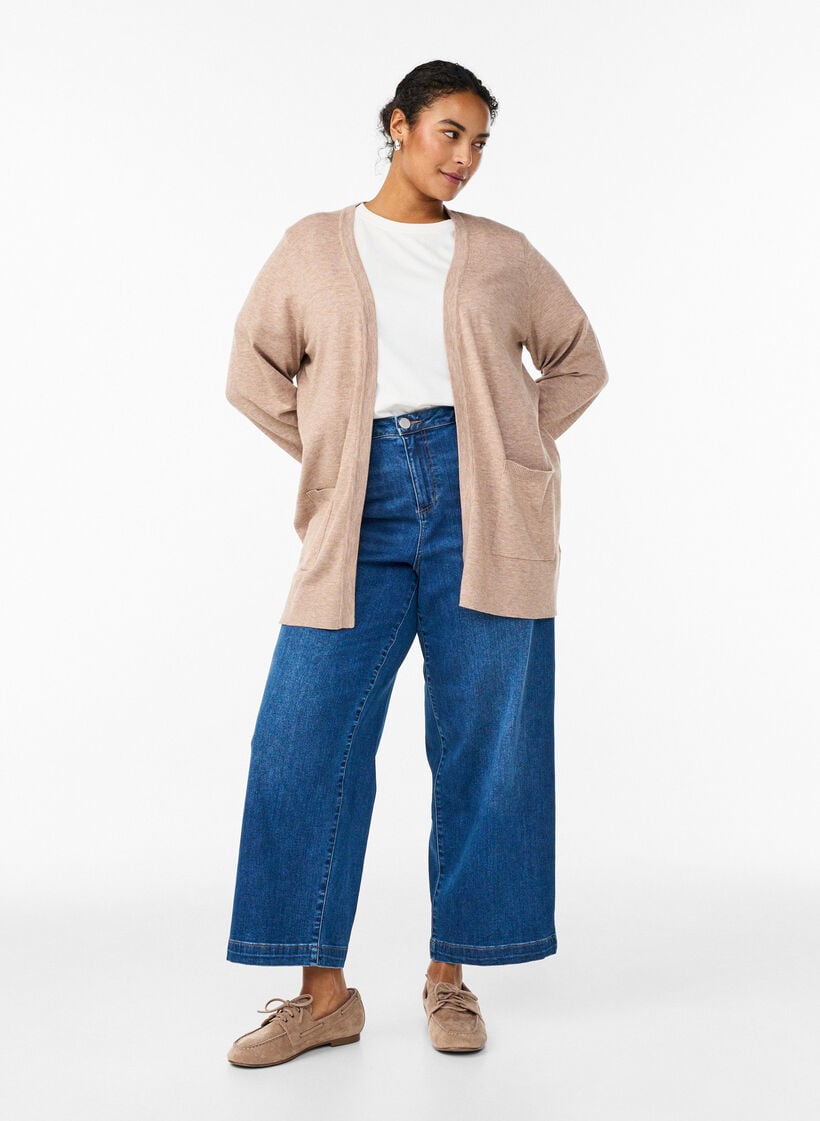 Cardigan long en maille ouvert avec poches, Beige, Model image number 1