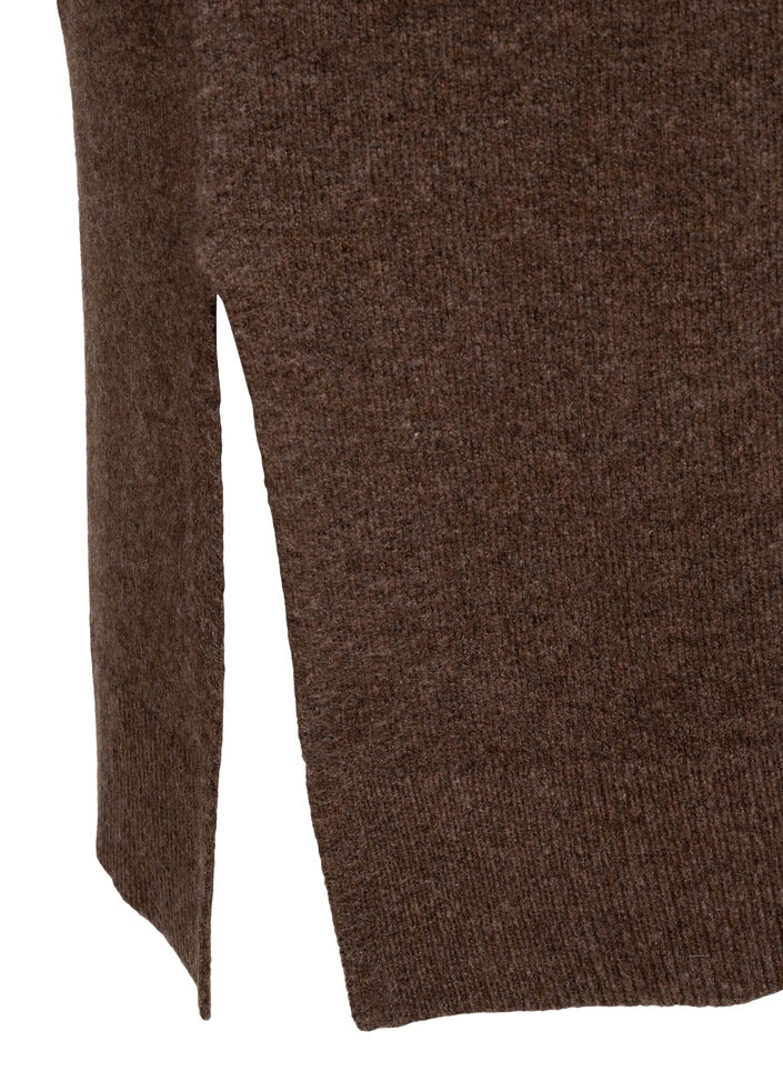 Gebreide jurk met lange mouwen en V-hals, Bruin, Packshot image number 3