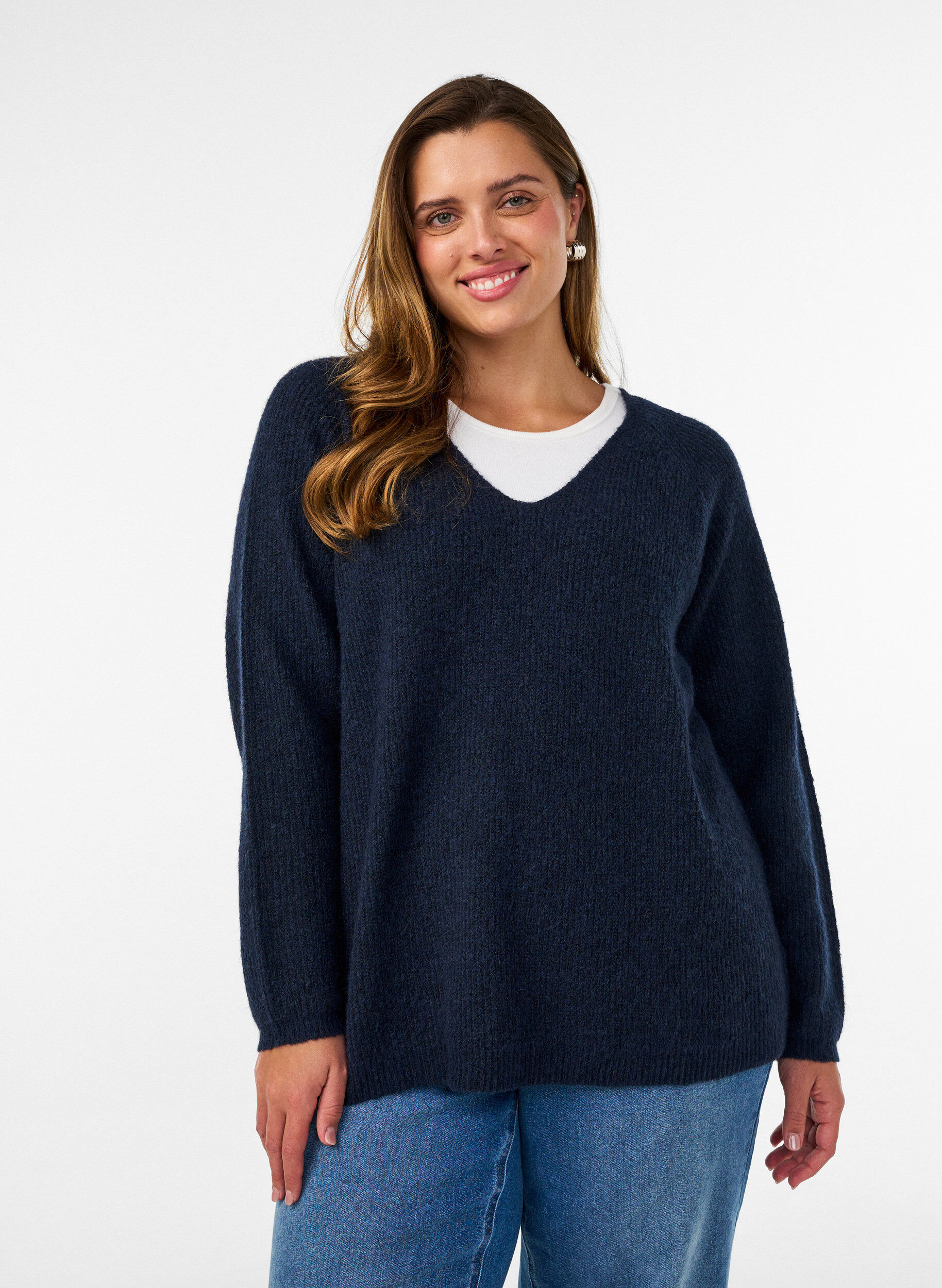 ZizziBlouse en maille avec col en V et manches raglan, Bleu, Model image number 0