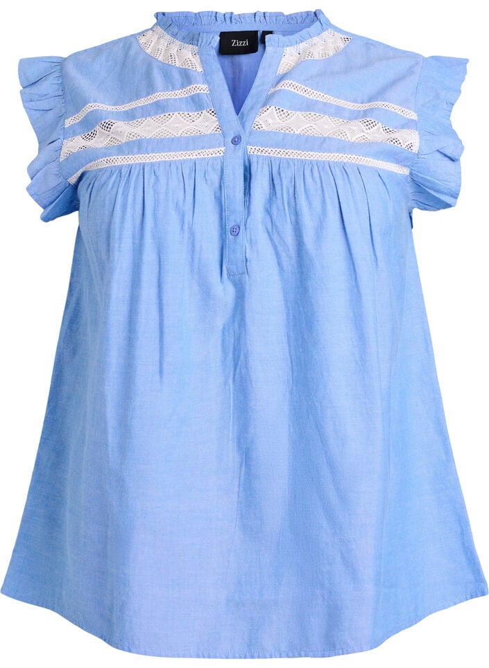 Katoenen blouse zonder mouwen met rucheranden, Blauw, Packshot image number 0