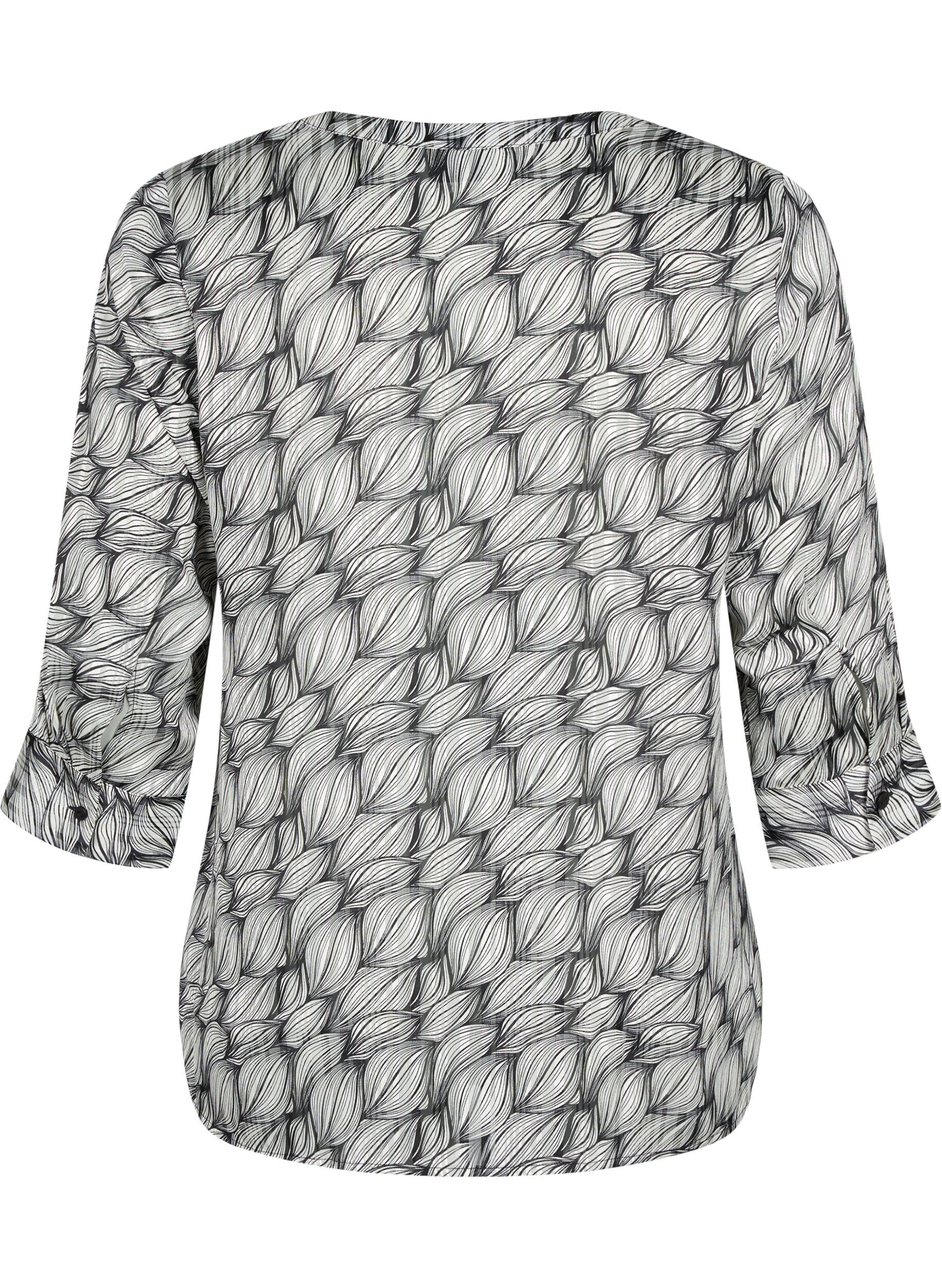 ZizziBlouse met print en 3/4 mouwen, Black White Leaf, Packshot image number 1