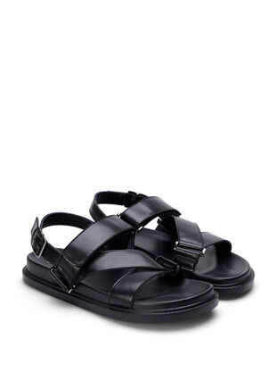 Leren sandaal met brede pasvorm en verstelbare bandjes, Black, Packshot image number 1