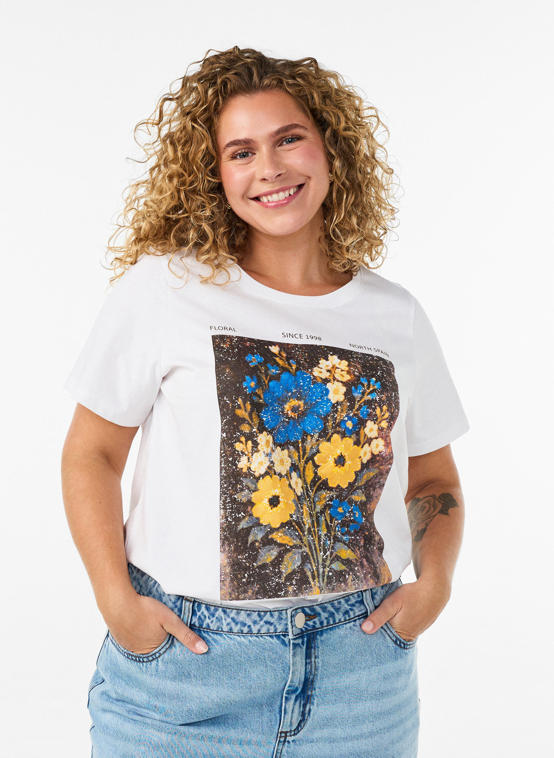 Katoenen T-shirt met print aan de voorkant, Wit, Model