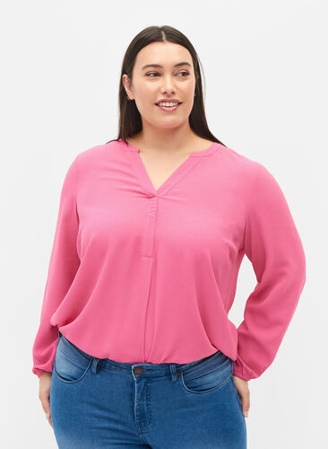 Effen blouse met v-hals, Shocking Pink, Model image number 0