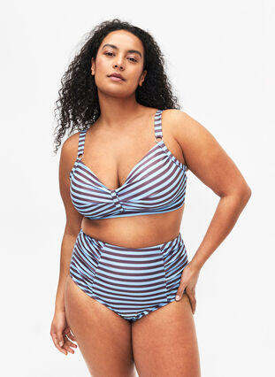 Bikinibroekje met hoge taille en strepen, BlueBrown Stripe AOP, Model image number 0