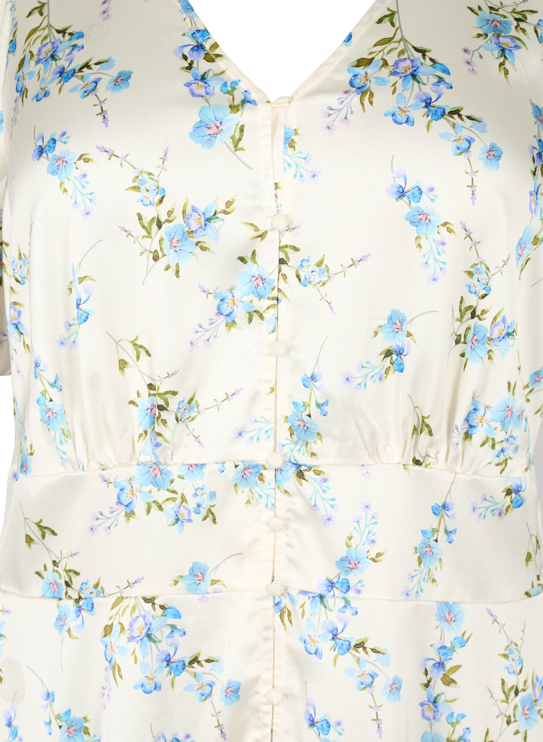 ZizziSatijnen jurk met pofmouwen en bloemenprint, Off White Blue Fl., Packshot image number 2