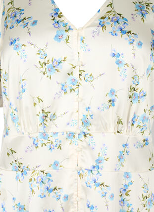 Satijnen jurk met pofmouwen en bloemenprint, Off White Blue Fl., Packshot image number 2