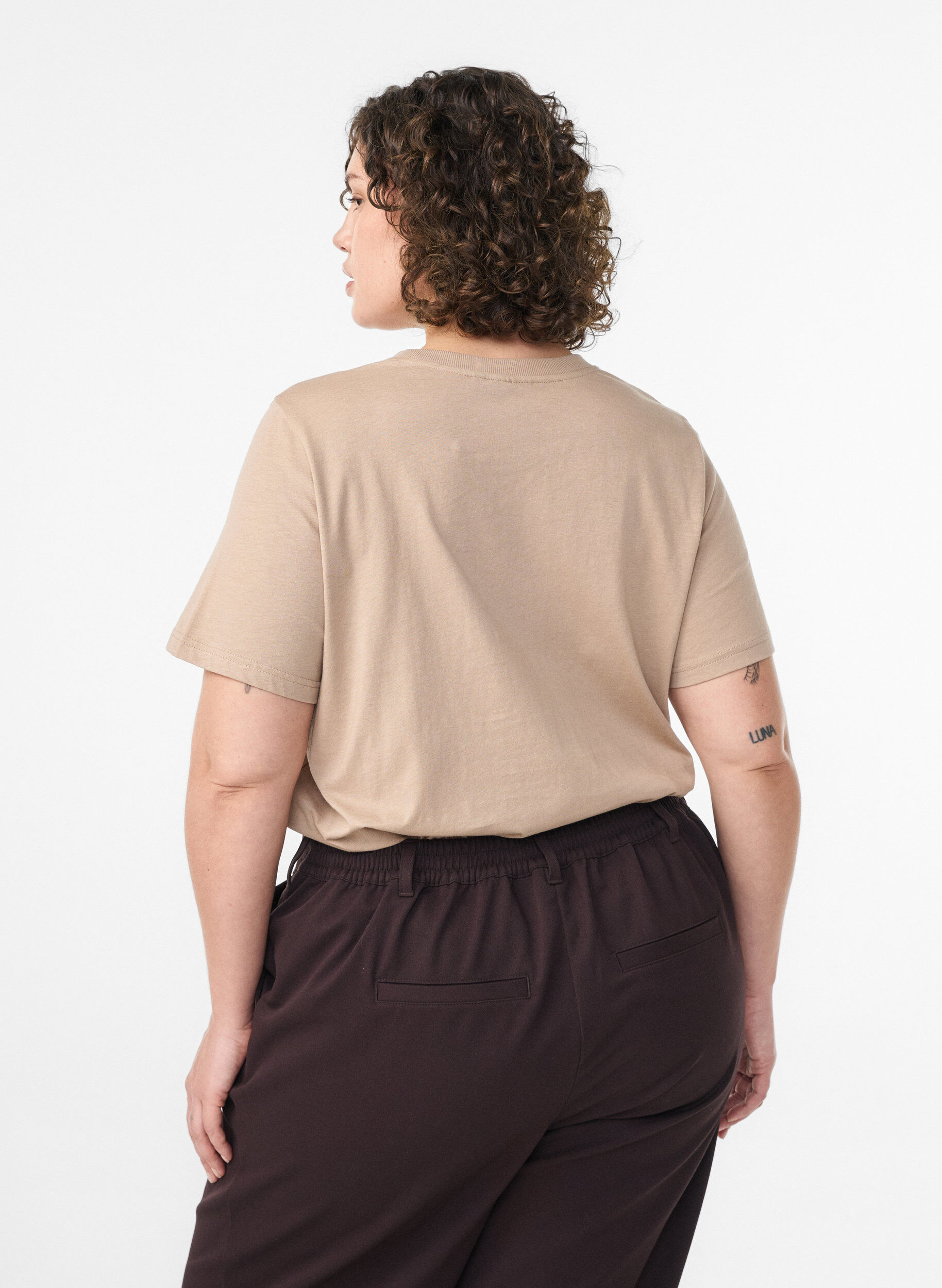 ZizziBasic katoenen T-shirt met ronde hals, Beige, Model image number 2