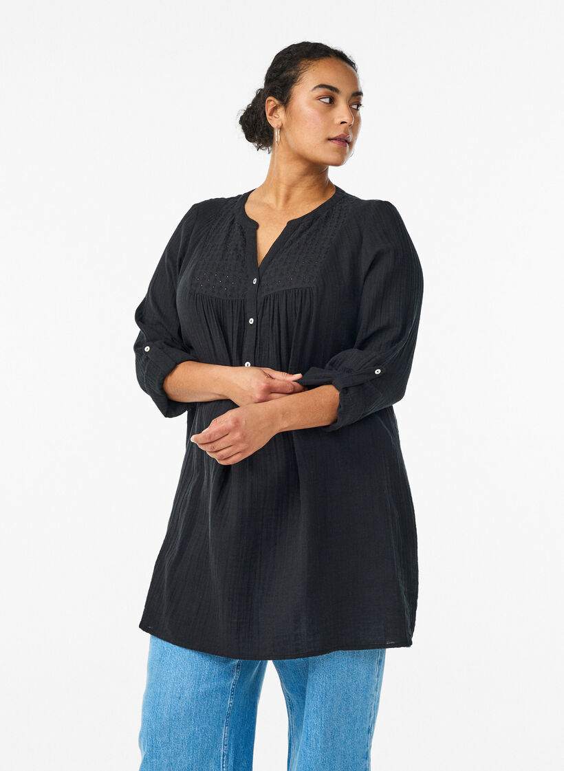 Tunique en mousseline de coton avec broderie anglaise, Noir, Model image number 0