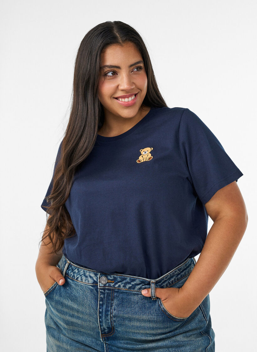 T-shirt van biologisch katoen met teddybeermotief, Blauw, Model image number 0