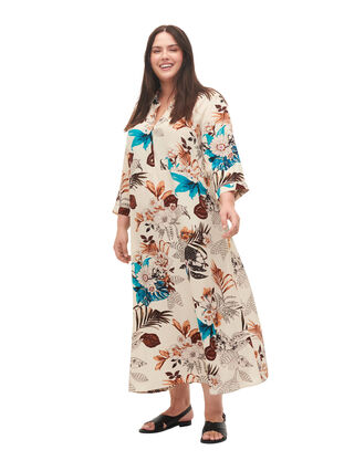Robe chemise en viscose à imprimé floral, Brown Flower AOP, Model image number 3