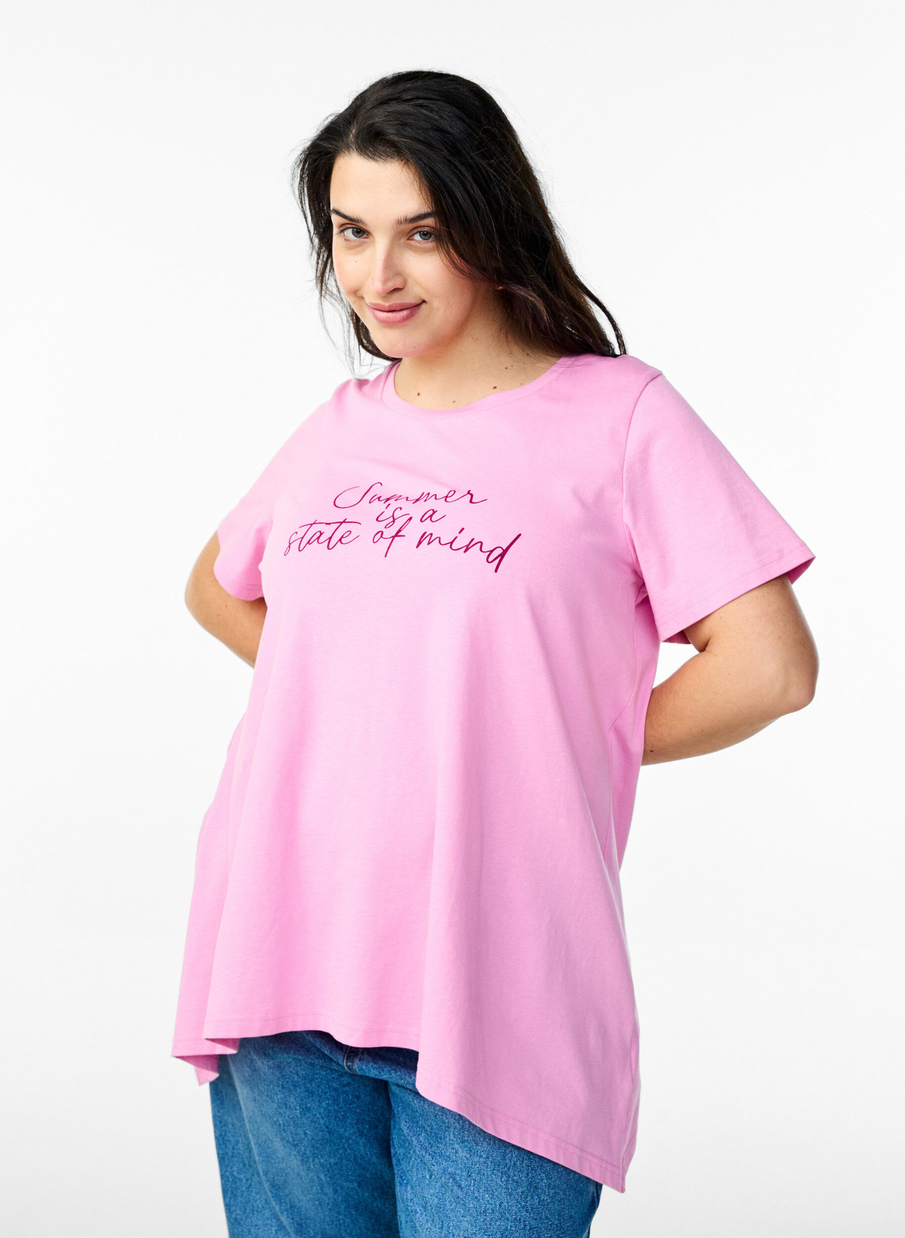 Zizzi T-shirt &agrave; col rond et coupe &eacute;vas&eacute;e, Rose, Model image number 0