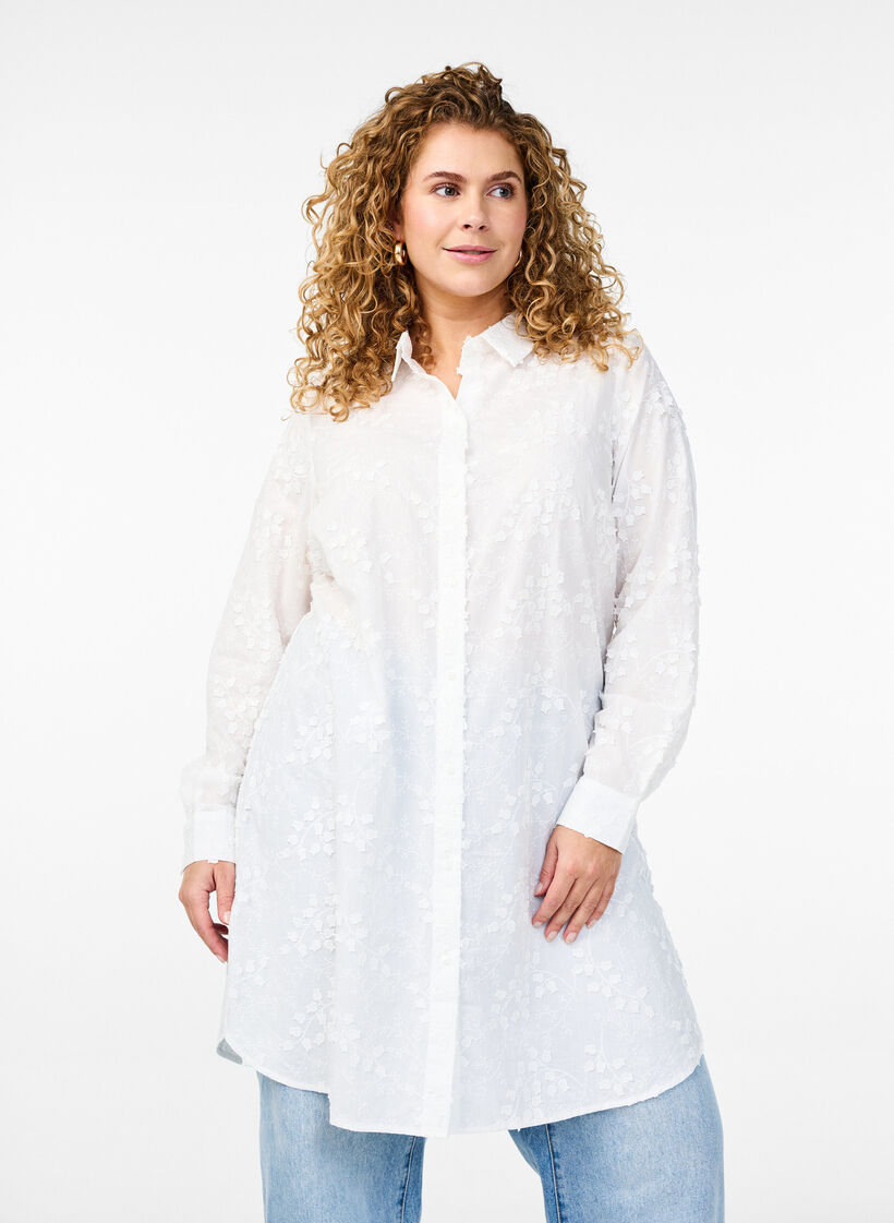 Robe chemise avec fleurs brodées, Blanc, Model image number 0
