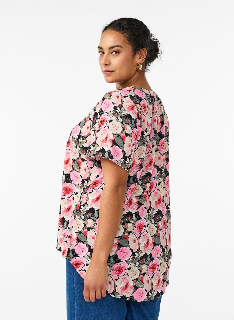 Blouse met korte mouwen en v-halslijn, Roze, Model image number 2