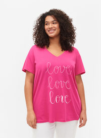 T-shirt en coton avec col en V et imprimé, Fuchsia Purple Love, Model