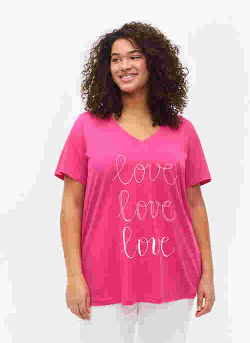 Katoenen t-shirt met v-hals en opdruk, Fuchsia Purple Love, Model