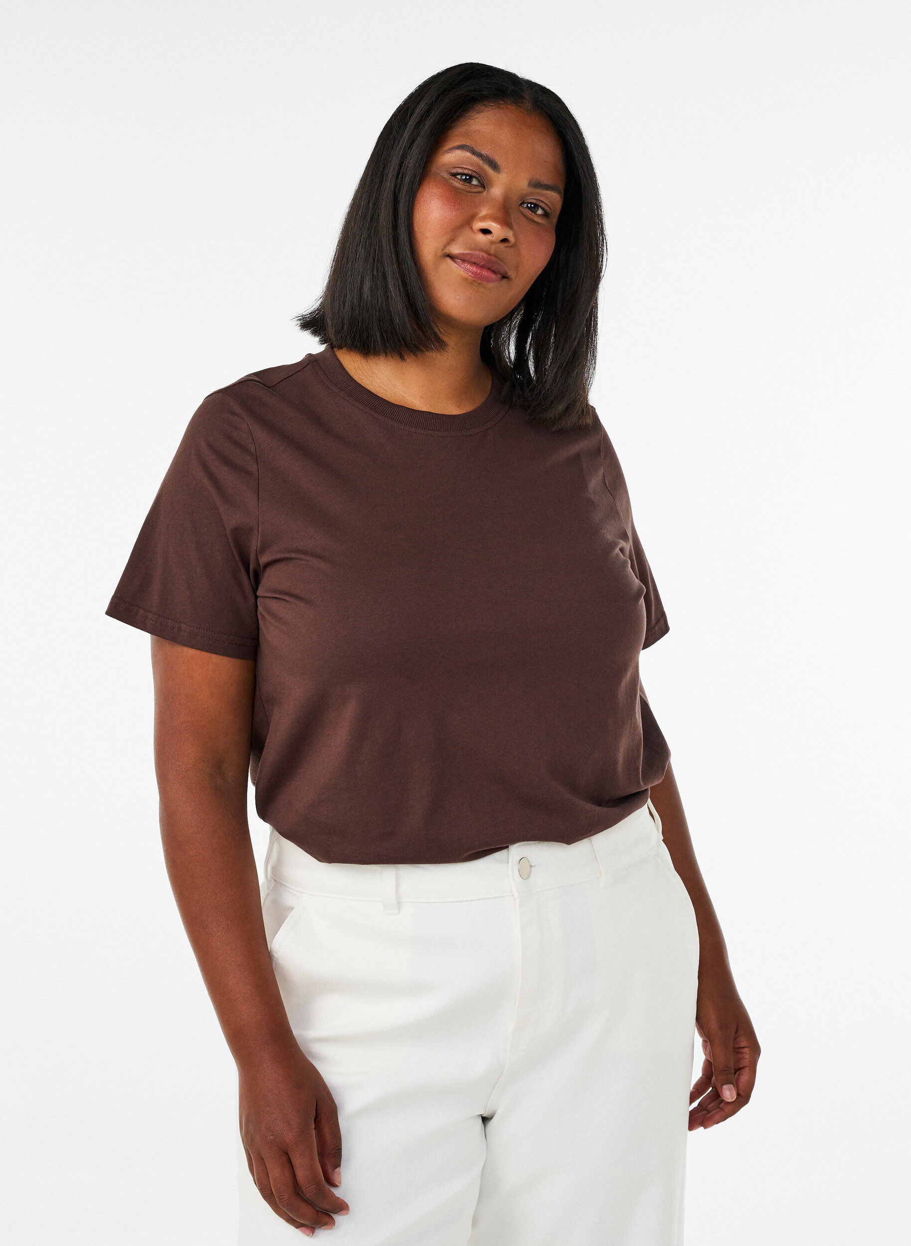 ZizziBasic katoenen T-shirt met ronde hals, Bruin, Model image number 0