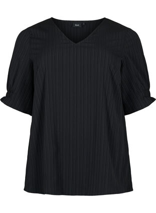 Gestreepte blouse met 1/2 mouwen, Black, Packshot image number 0