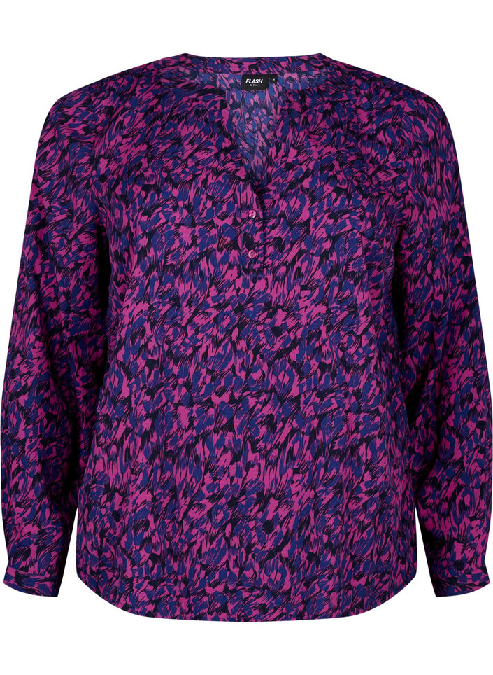 FLASH - Blouse met lange mouwen en print, Pink Blue AOP, Packshot image number 0