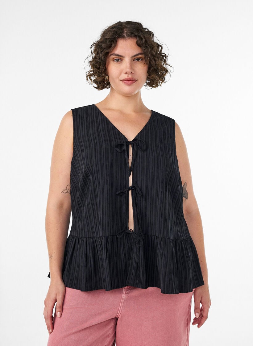 Mouwloze blouse met textuur en een striksluiting, Zwart, Model image number 0