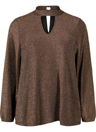 Glitter blouse met lange mouwen, ronde hals en V-detail, Black Copper, Packshot image number 0