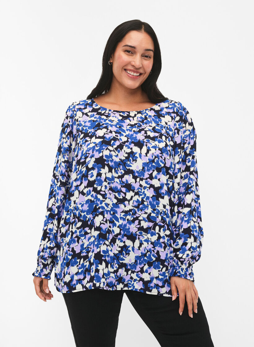 FLASH - Blouse met lange mouwen, smok en print, Blue Purple Flower, Model image number 0