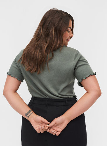 T-shirt met korte mouwen in rib met kanten rand, Balsam Green, Model image number 1