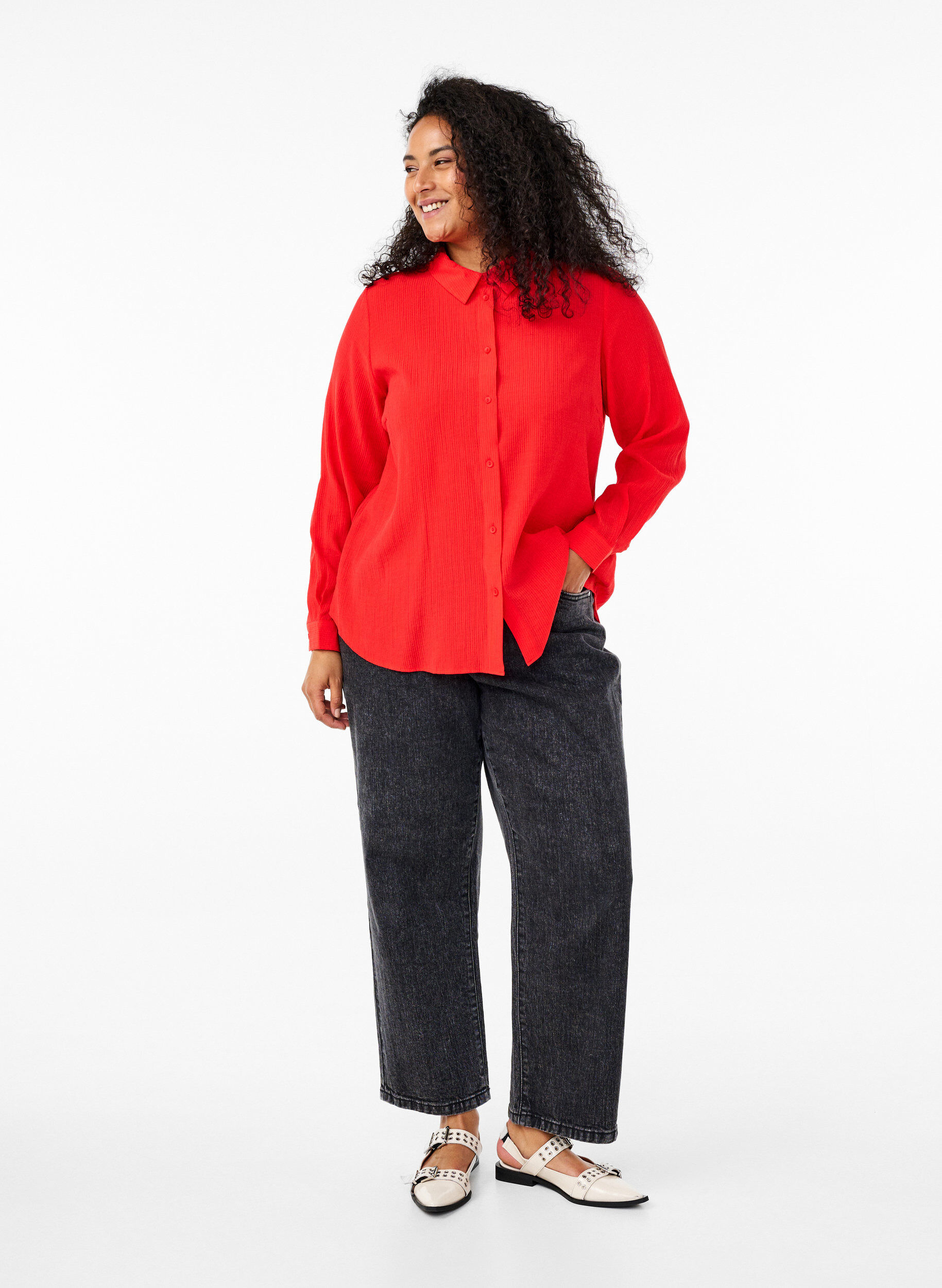 ZizziShirt met een gestreepte textuur, Rood, Model image number 1