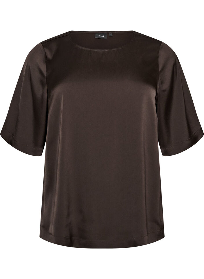 Satijnen blouse met ellebooglange mouwen, Bruin, Packshot image number 0