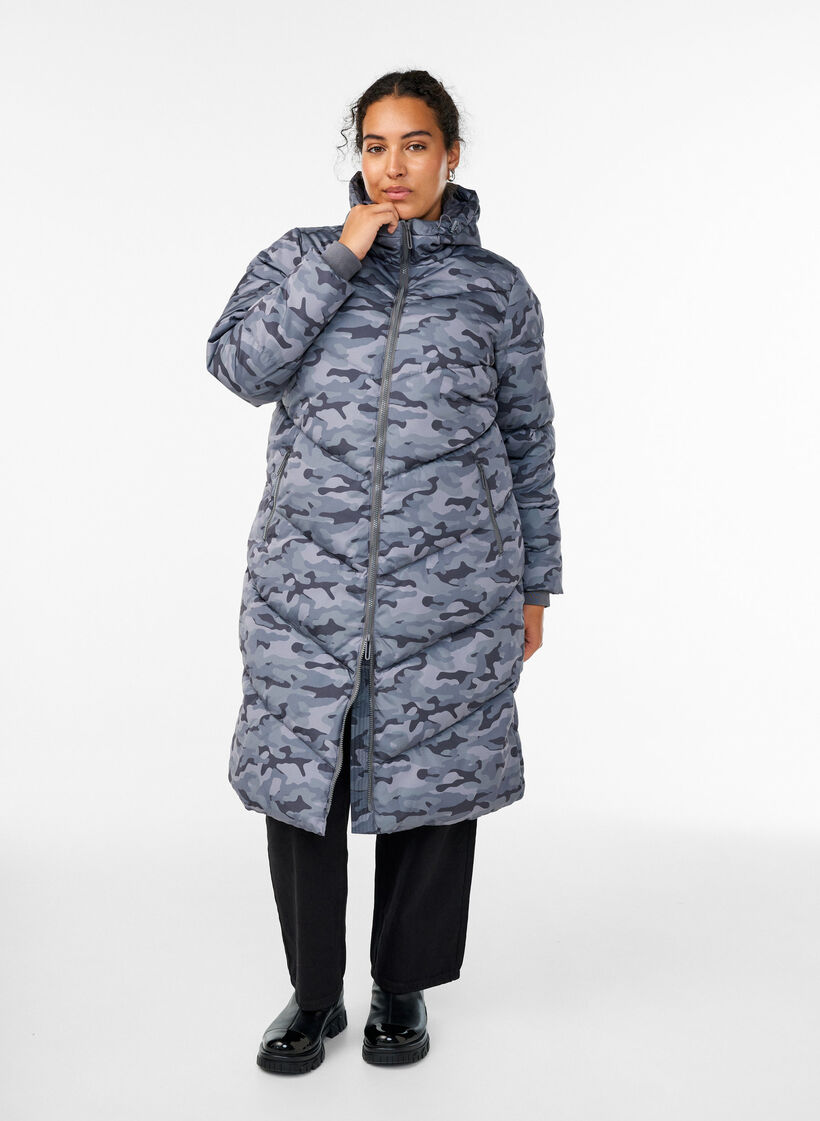 Doudoune longue camouflage, Gris anthracite, Model image number 0