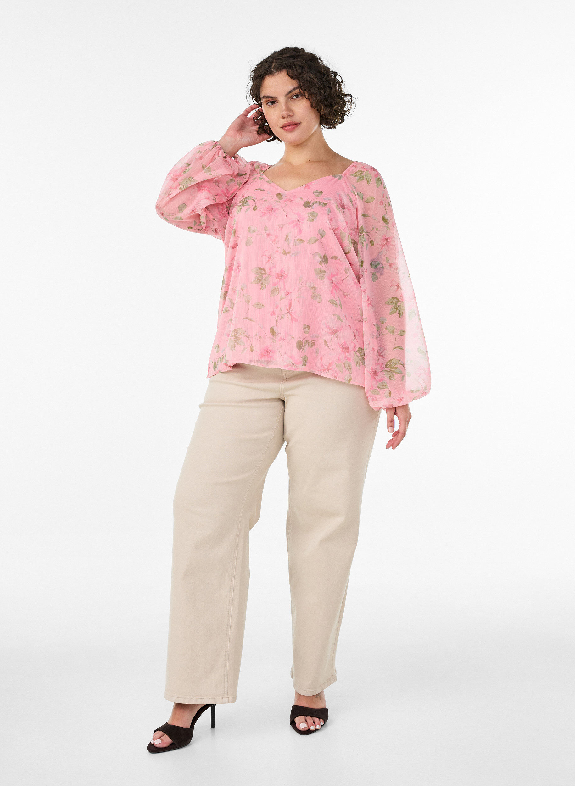 ZizziChiffon blouse met bloemenprint en lange mouwen, Roze, Model image number 1