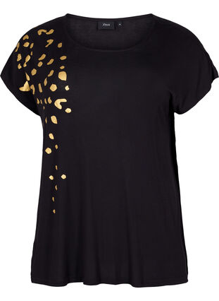 T-shirt à manches courtes en viscose avec imprimé dorée, Black Gold , Packshot image number 0