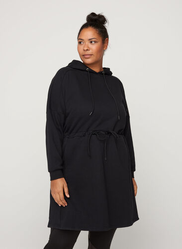 Sweat jurk met capuchon, Black, Model image number 0