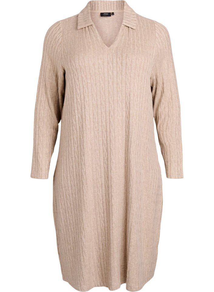 Jurk met kabelstructuur en V-hals, Beige, Packshot image number 0