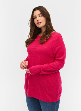 Pull en tricot avec col rond, Fuchsia Purple, Model image number 0