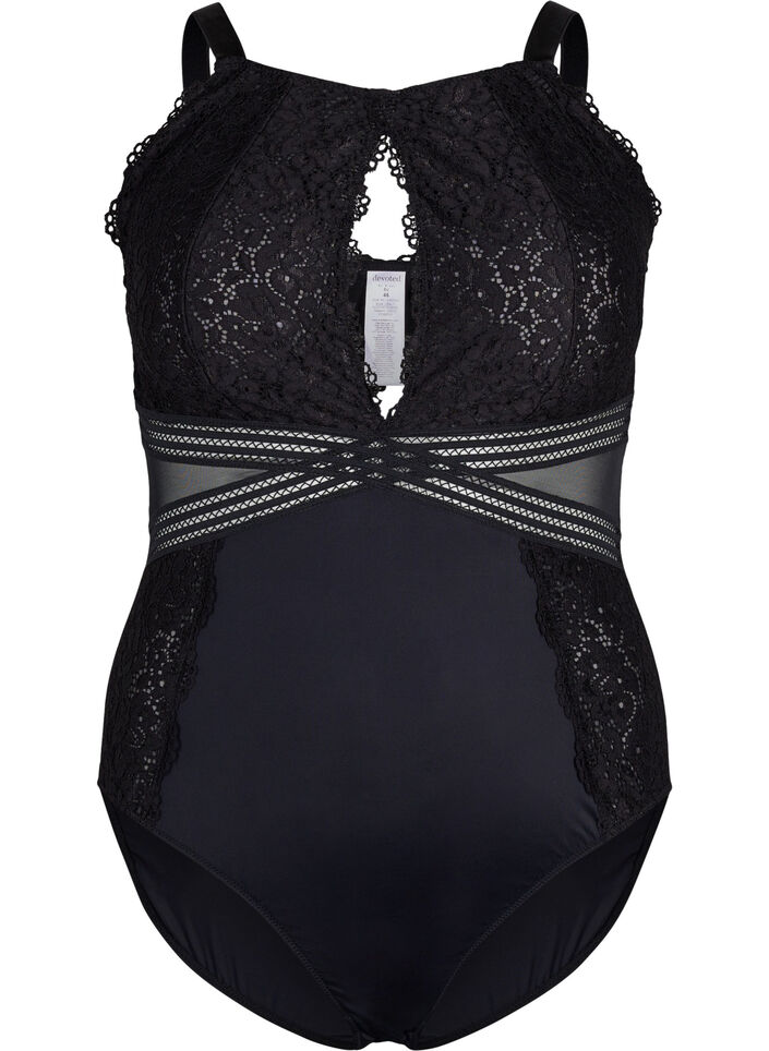 Bodystocking met kant en uitsnijdingen, Black, Packshot image number 0