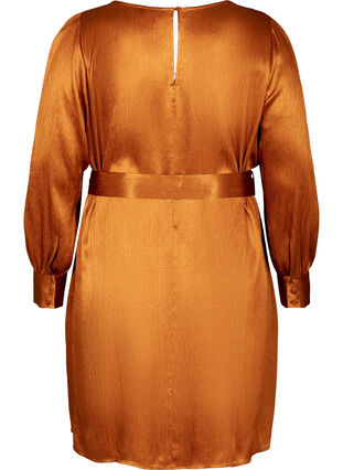 Glanzende jurk met striksluiting en pofmouwen, Buckthorn Brown, Packshot image number 1