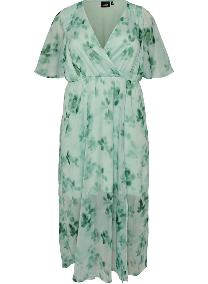 Robe longue en chiffon imprim&eacute; floral et manches courtes, Vert, Packshot image number 0